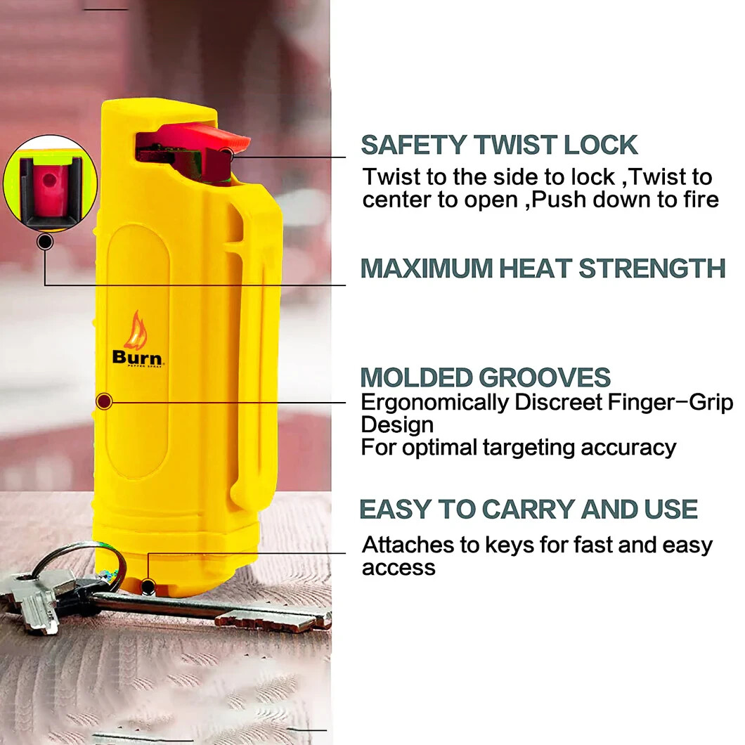 BURN Pepper Spray Self Defense Keychain 0.5oz Molded Security Case Yellow 2 PACK