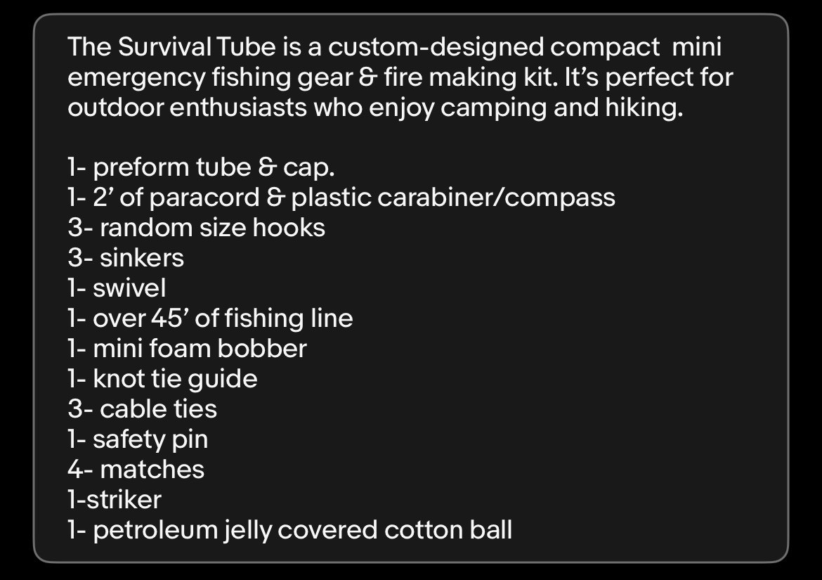 Survival Tube. Mini Emergency Fishing Gear. Custom Designed. lot#3