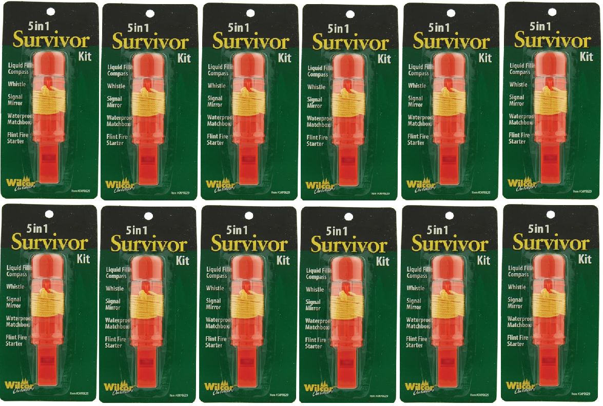 5-in-1 Survivor Hiking Kit Wholesale 12 Pack -Compass, Mirror, Whistle