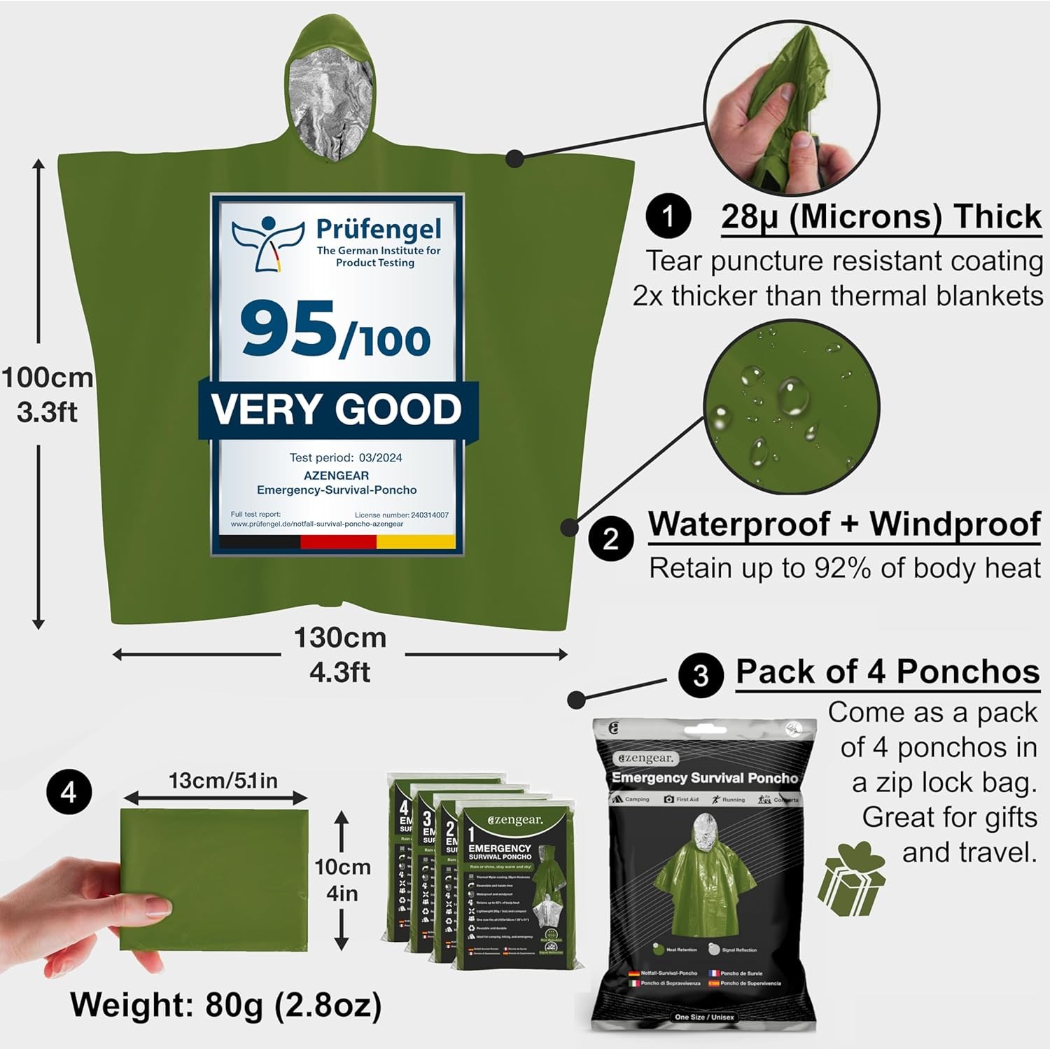 aZengear Survival Poncho 4PK Mylar Green