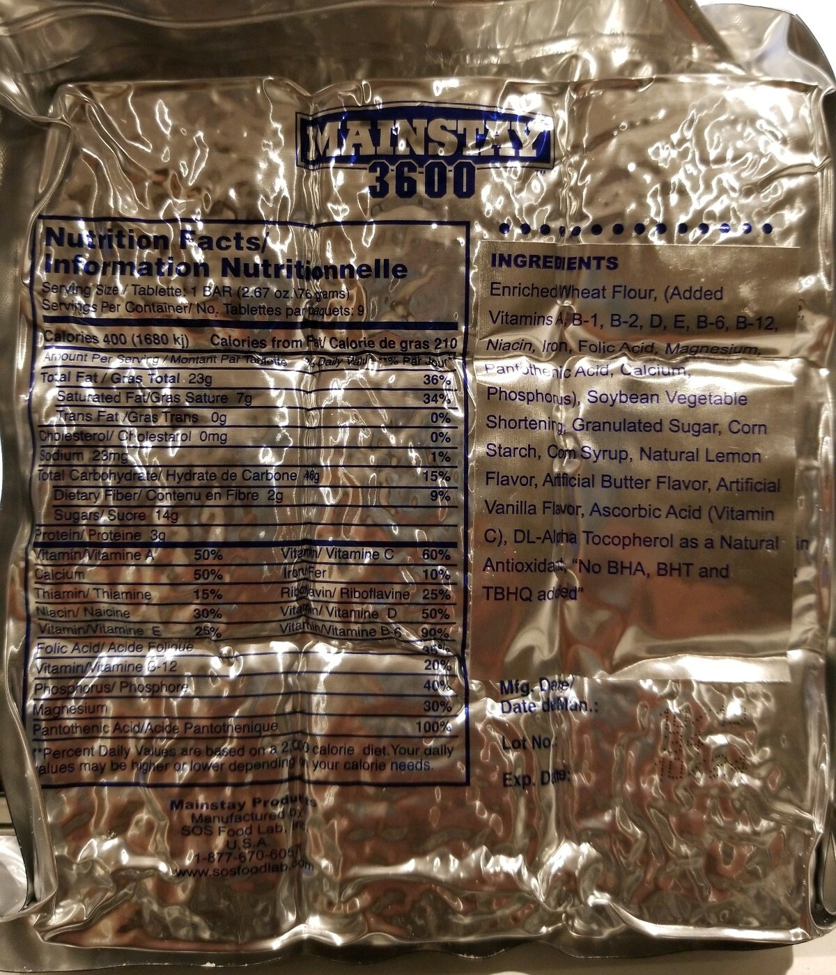 Mainstay Emergency Food Rations 3600 Calorie Bars Single Pk Expires 08/2028
