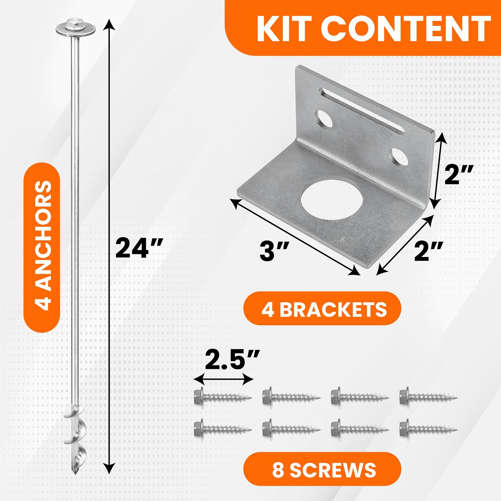 Ground Anchors Screw in – 24″ Set of 4 with Brackets and Drill Bit – Silver