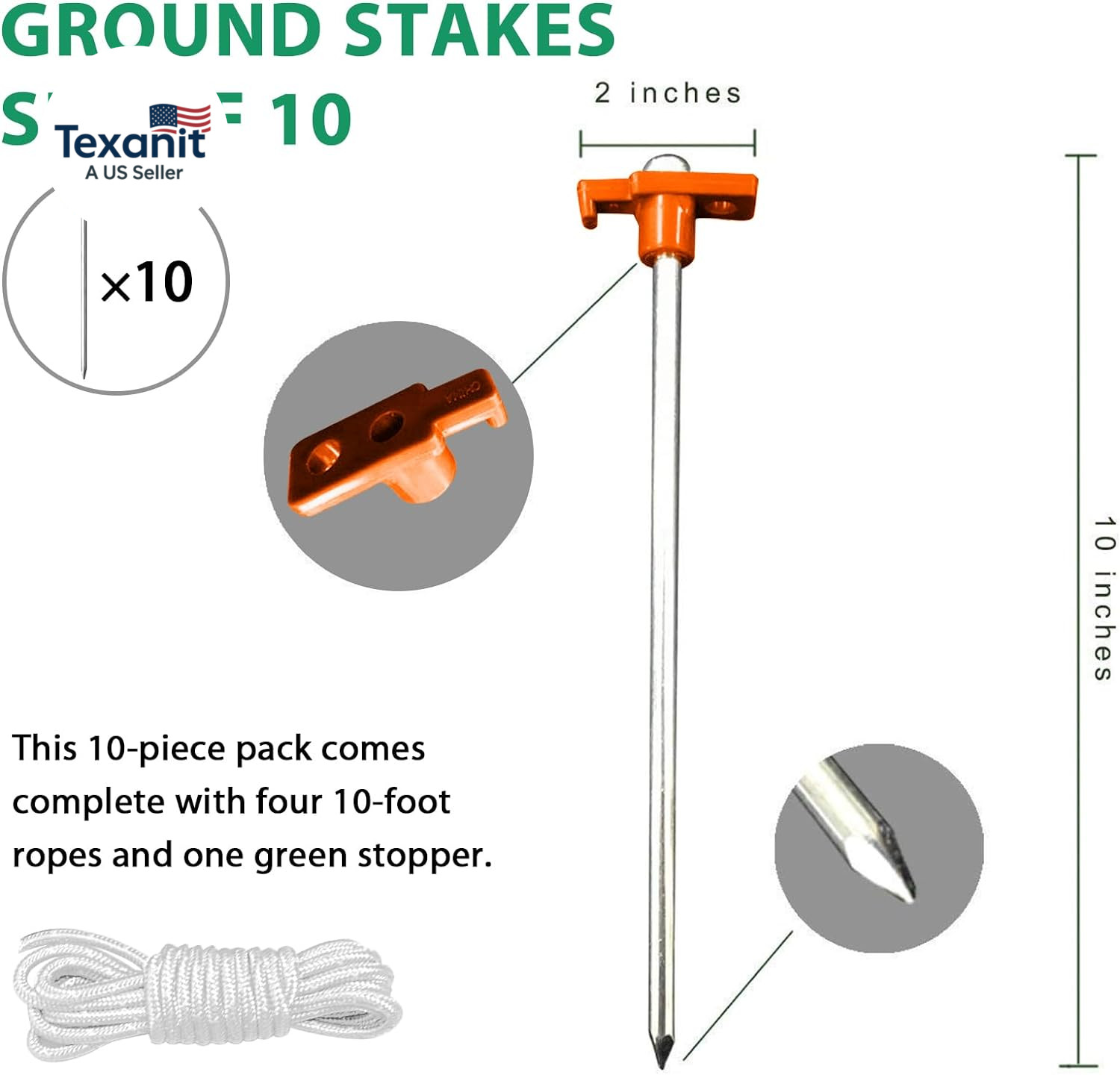 USA 10-Pack Secure Protection Galvanized Tent Stakes,Rust-Proof Steel Canopy Anc