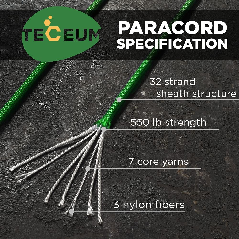 TECEUM Paracord Type III 550 Green – 100 ft – 4mm – Tactical 100 ft,