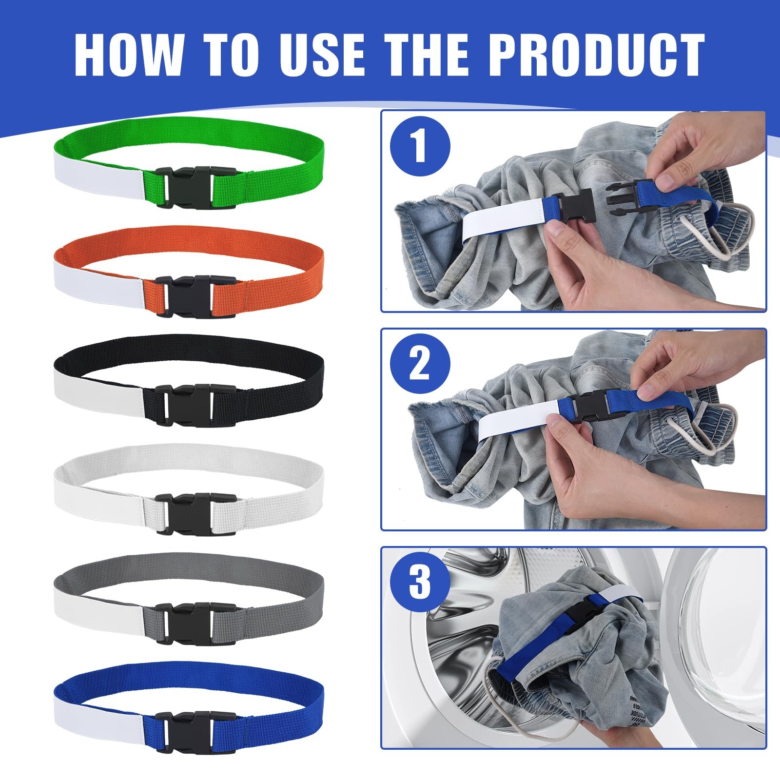 12pcs Laundry Strap with Medium, White, Gray, Black, Orange, Green, and Blue.