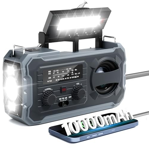 Hand Crank Emergency Radio, 10000mAh Weather Radio with AM/FM/NOAA, Solar Grey