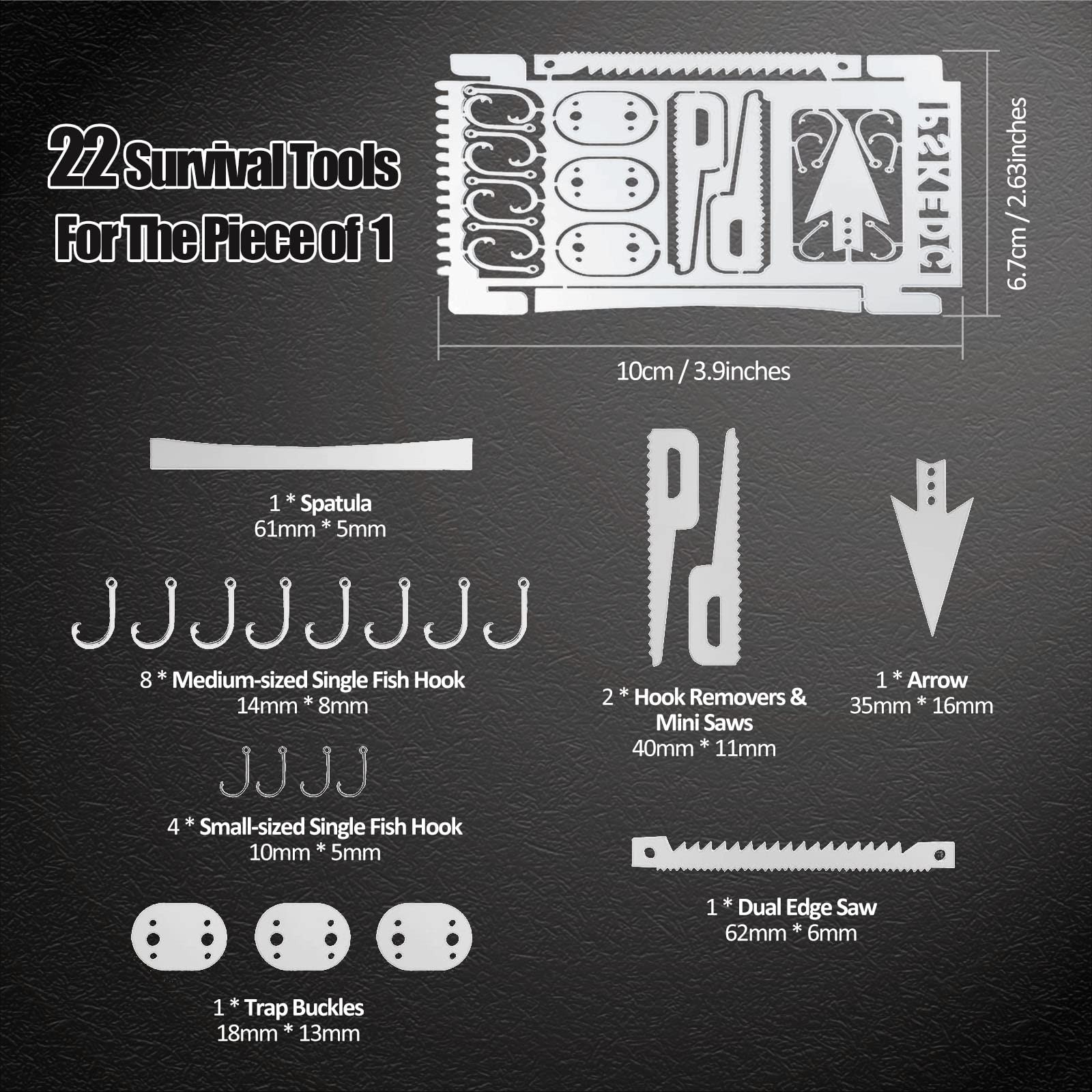 Hukado 9PCS Survival Card Multitool Camping Kit with Fishing 9Pcs, silver