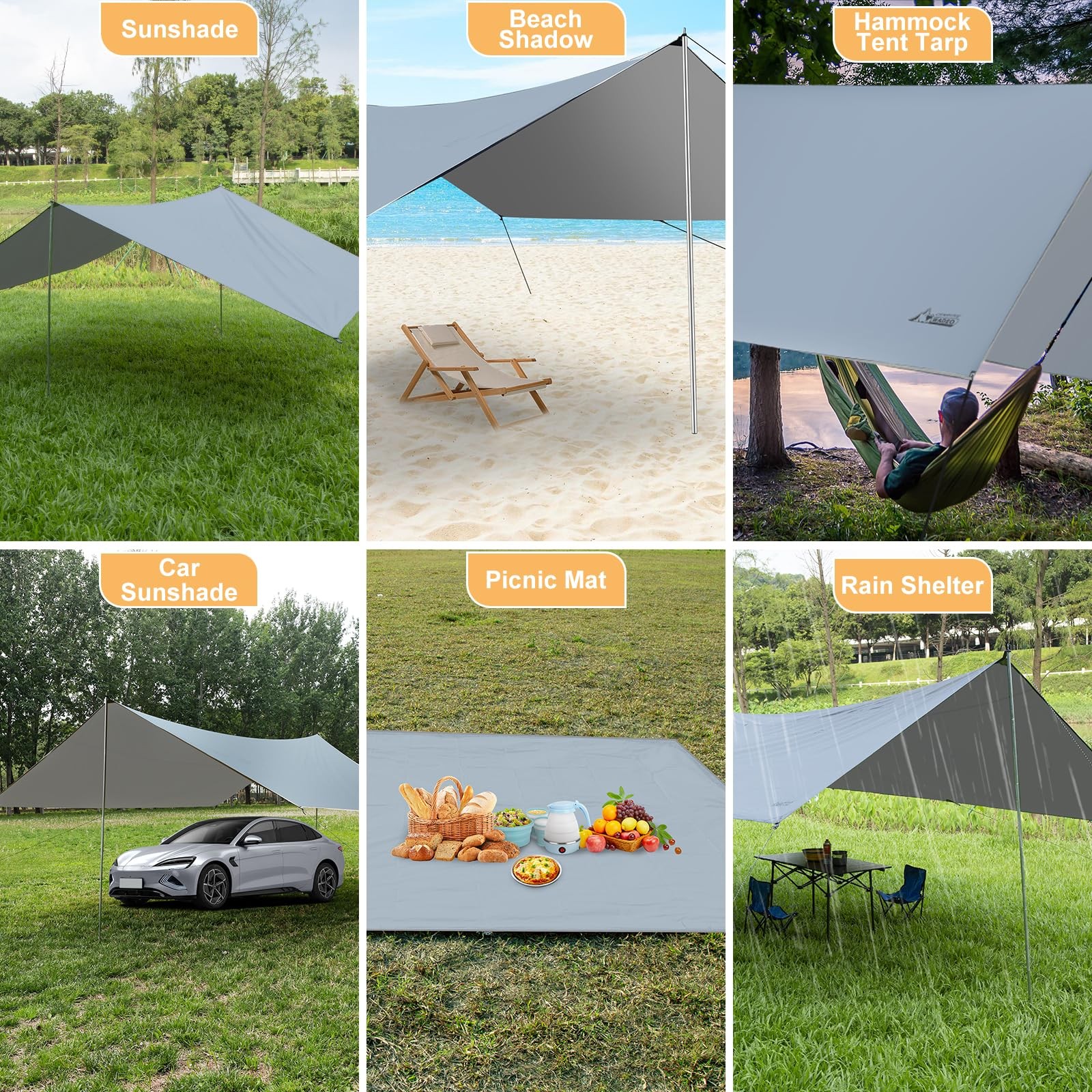 Camping Tarp with Poles, 16×12 Ft Canopy, Extra Large, Gray