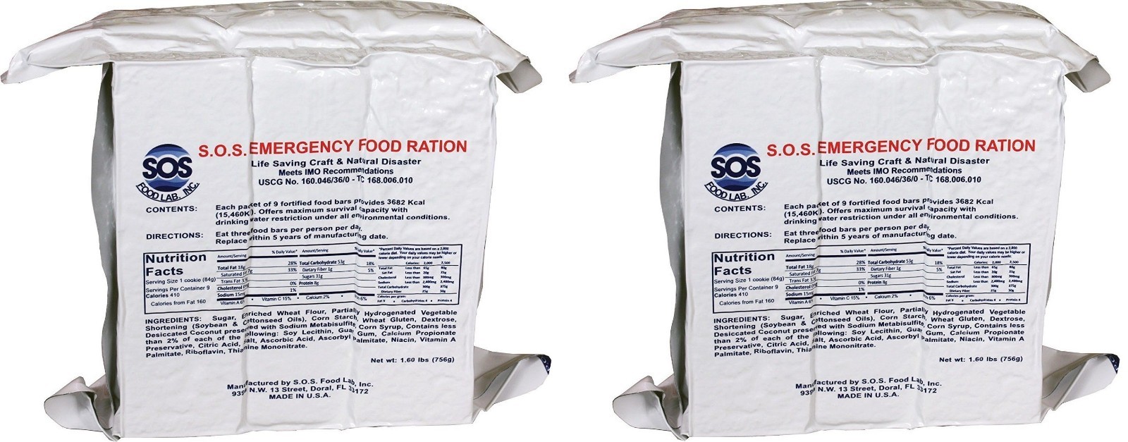 (2) SOS Rations EMERGENCY Disaster 3600 Calorie Food Bar Survival 3 Day 72 Hour