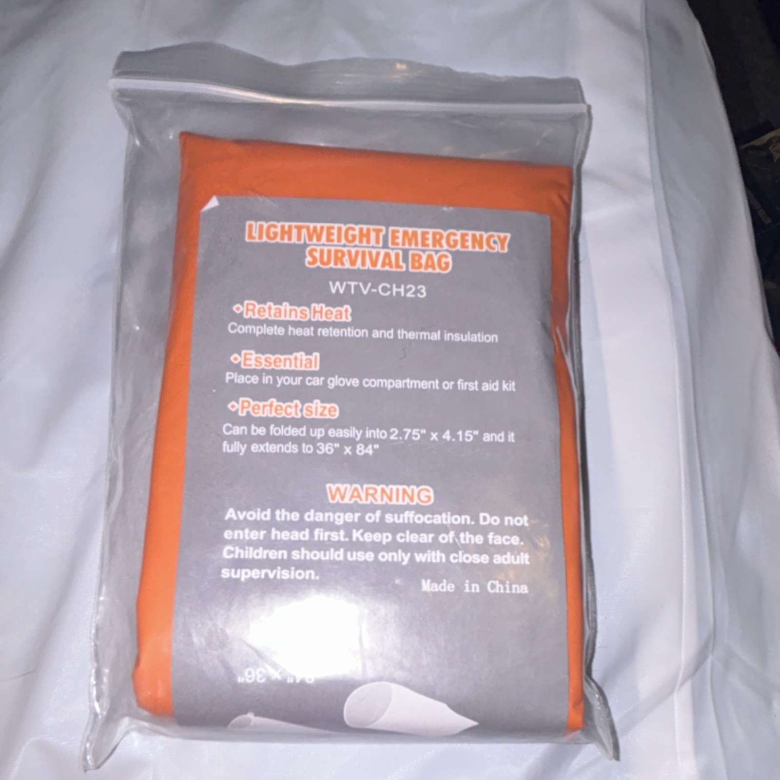 Lightweight Emergency Survival Sleeping Bag, Orange, 36 x 84 in, WTV-CH23