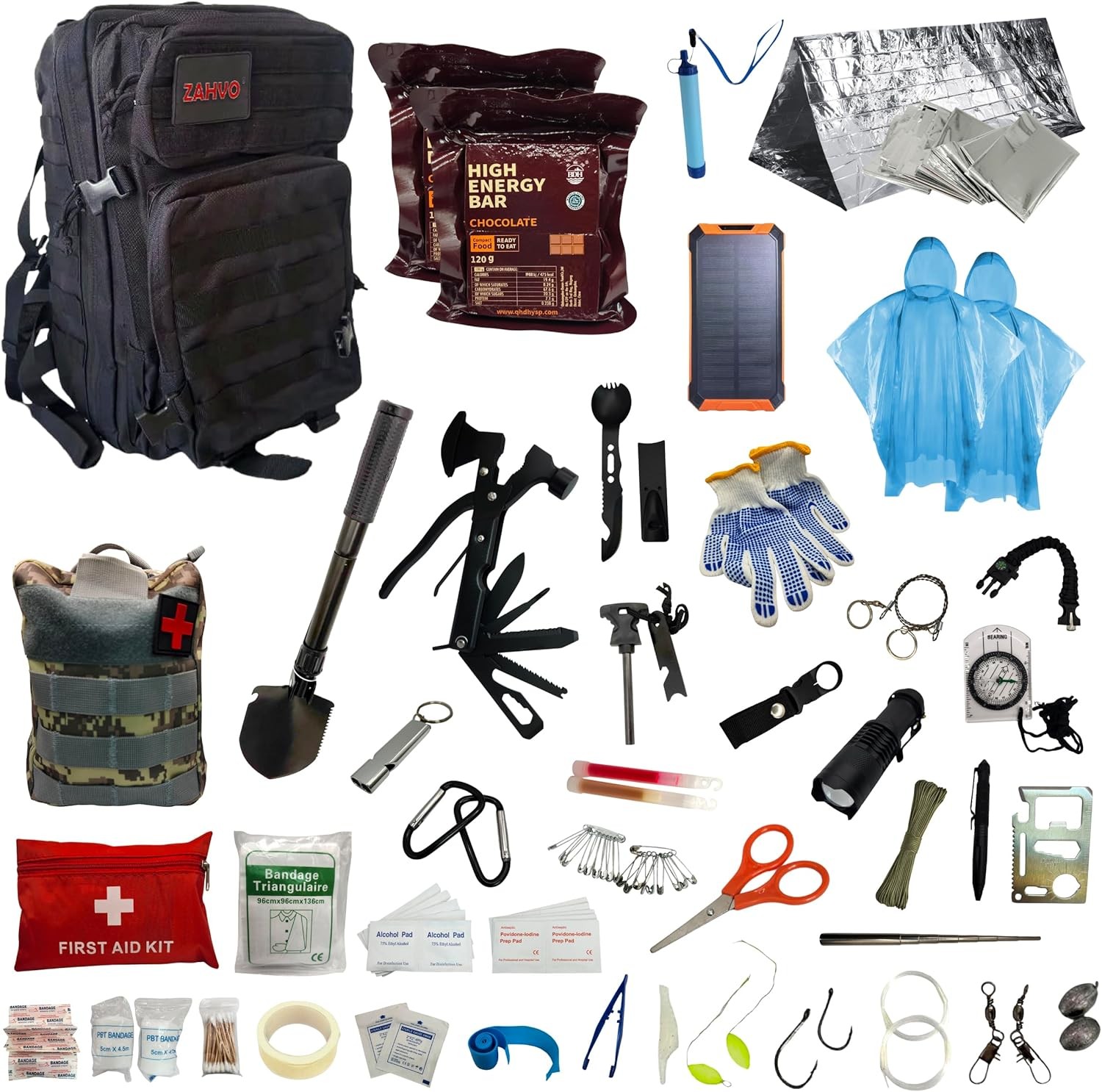 72 Hour Emergency Survival Kit with Food, Solar Power Bank, Water Purifier, Firs