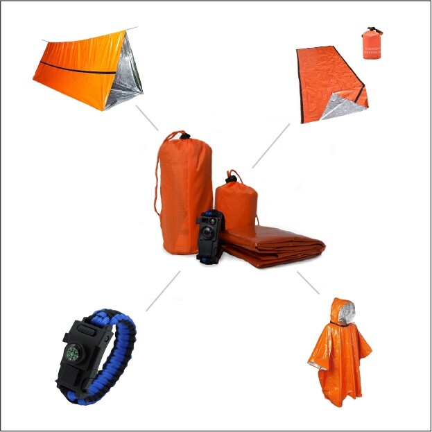 4 Piece Survival Kit with Tent, Poncho, Sleeping Bag, and 9-Tool Bracelet