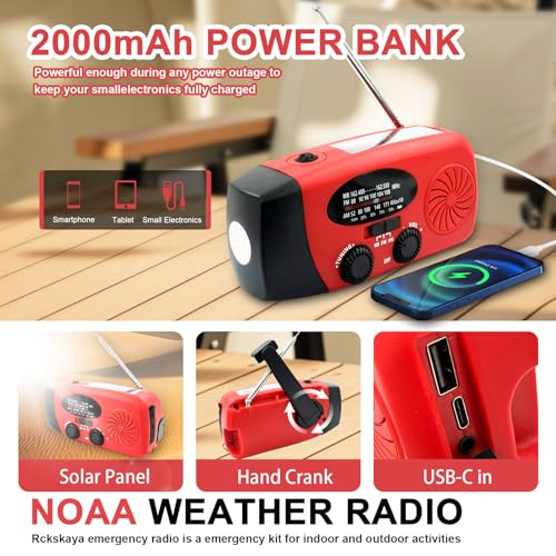 Hand Crank Emergency Radio, AM/FM/NOAA Weather Radio with 2000mAh/7400mWh