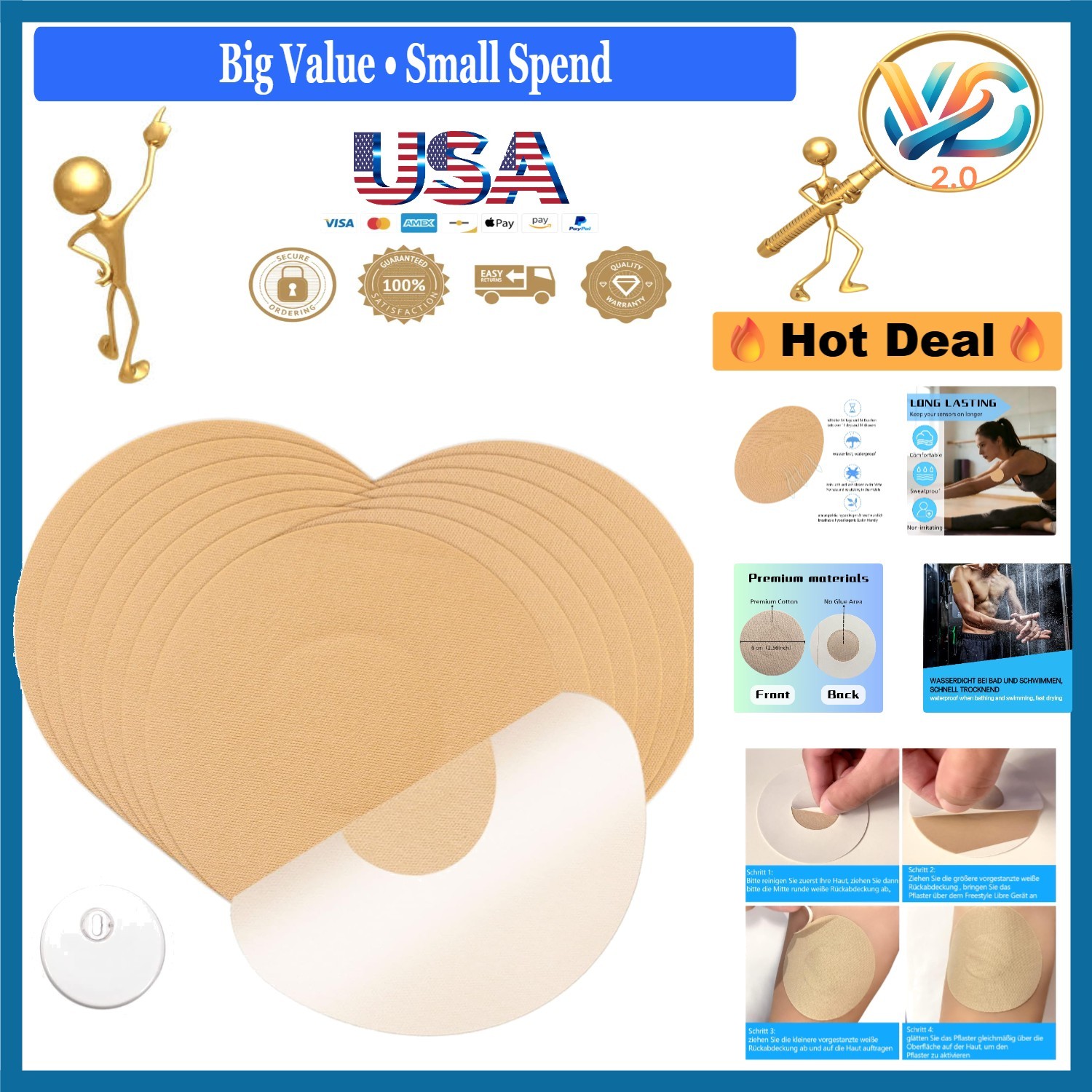 20 Pack Libre 3 Waterproof Breathable Sensor Patches No Glue Center