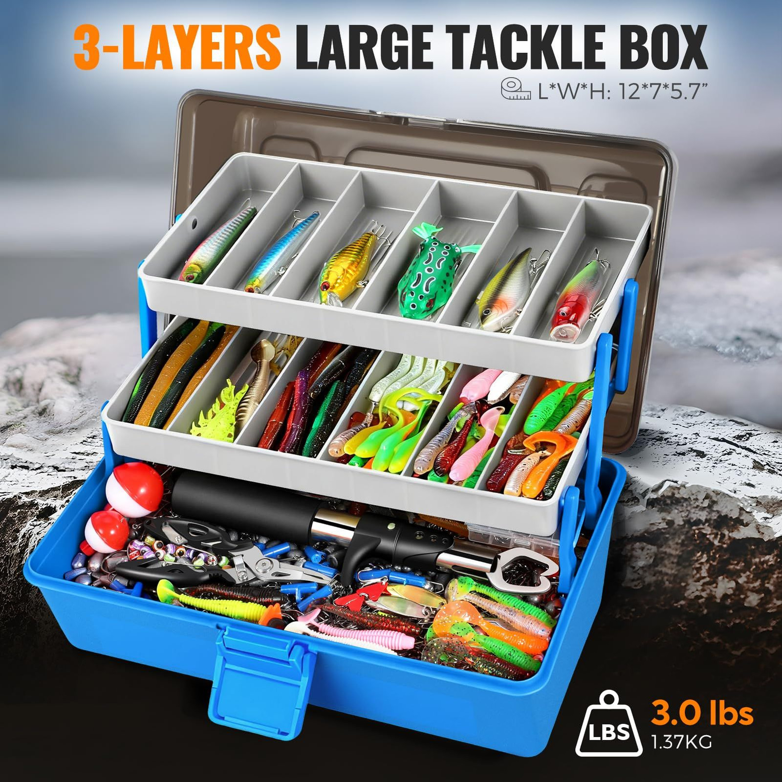 PLUSINNO Large 3 Layers Fishing Tackle Box with 12x7x5.7 inches, Blue