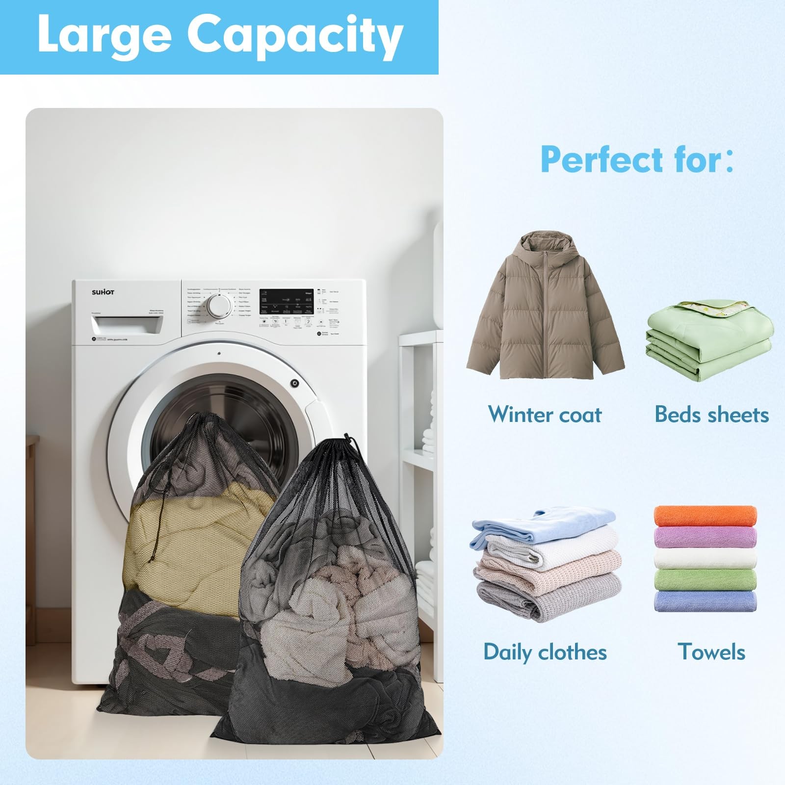 CNDNO 2 Pcs Mesh Laundry Bags, 24×35 Inches Large Large, Black