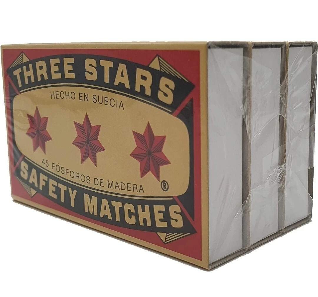 New Swedish Match Three Stars Extra Long Safety Matches 6 Packs of 45 Strike