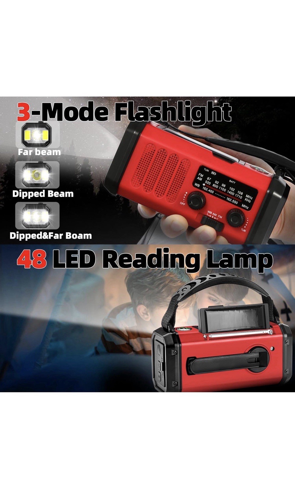 Emergency Hand Crank Solar Radio, Flashlight, LED Lamp, SOS Alarm, Red/Black