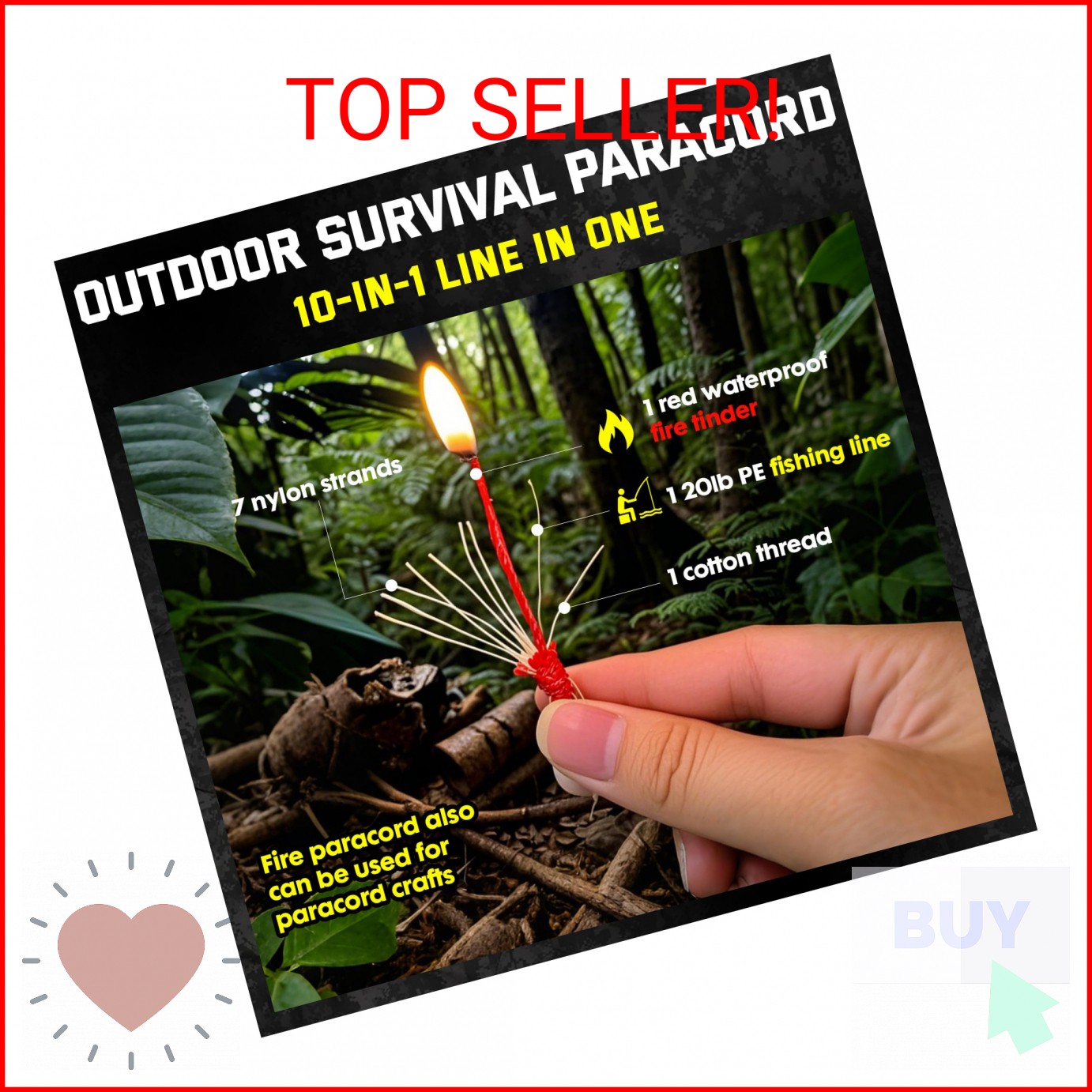 Survival Paracord 550 Fire Paracord Survivor Cord Nlyon Rope 10 Strands US Milit