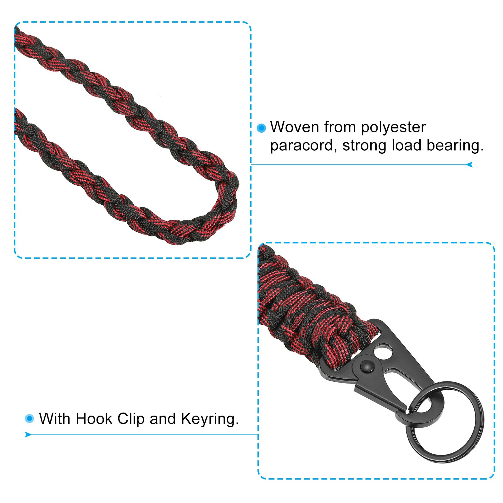3Pcs 22″ Paracord Neck Lanyard Keychain Braided Strong Lanyard with Black&Red