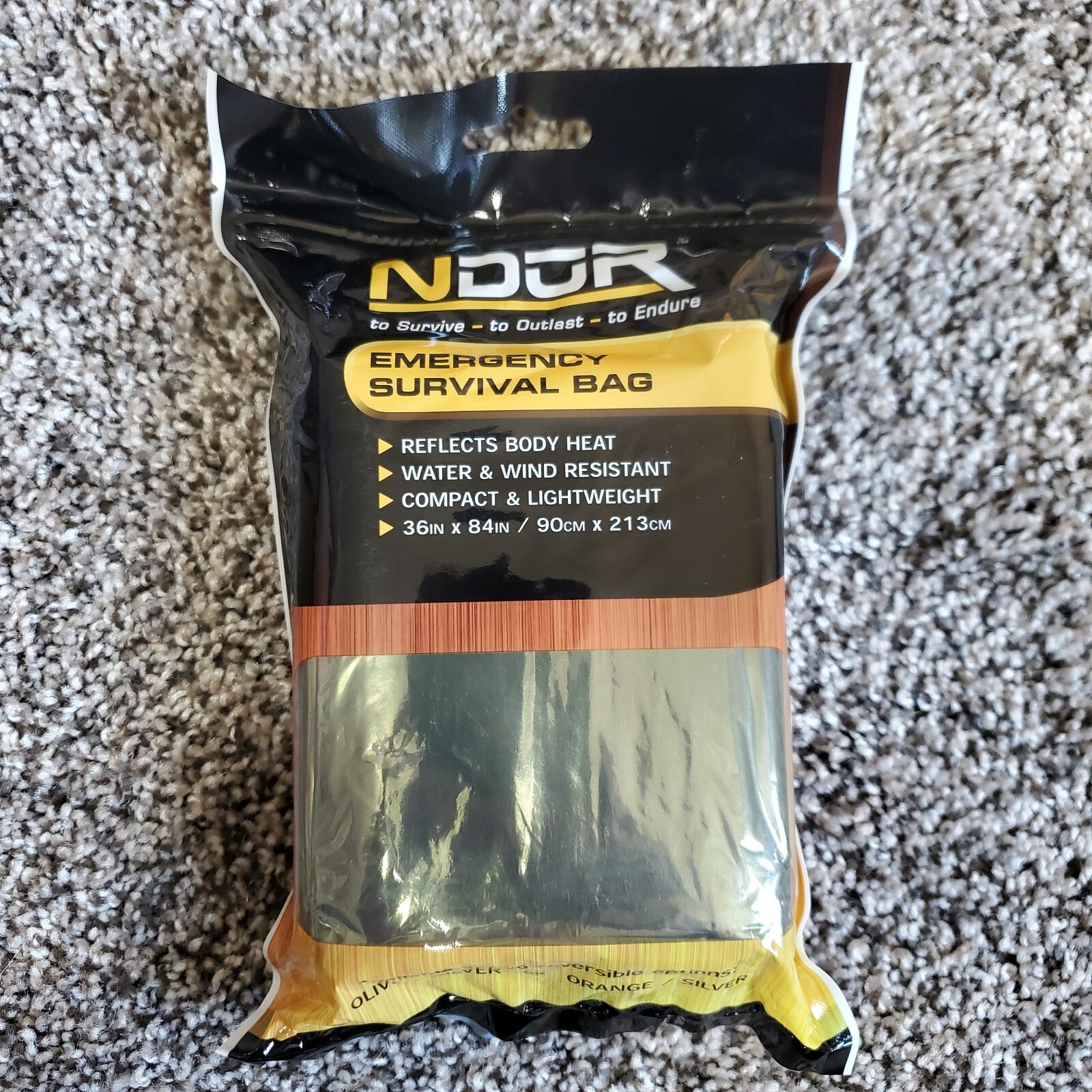 NDUR EMERGENCY SURVIVAL BAG OLIVE/SILVER, 36 ” x 84″ Strong Material New
