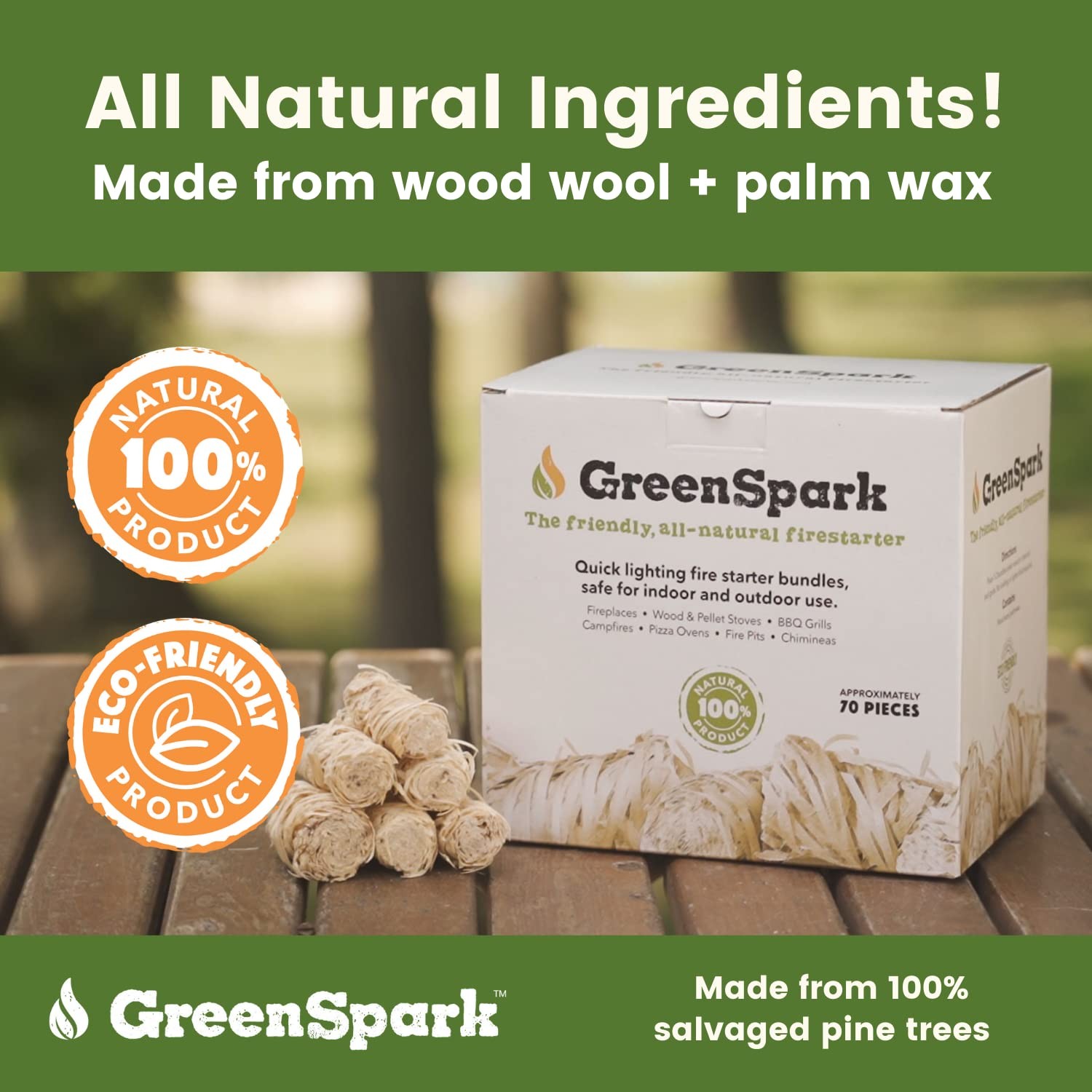 GreenSpark Natural Fire Starters for Grill, Smoker, Pizza 140 Pcs, Brown
