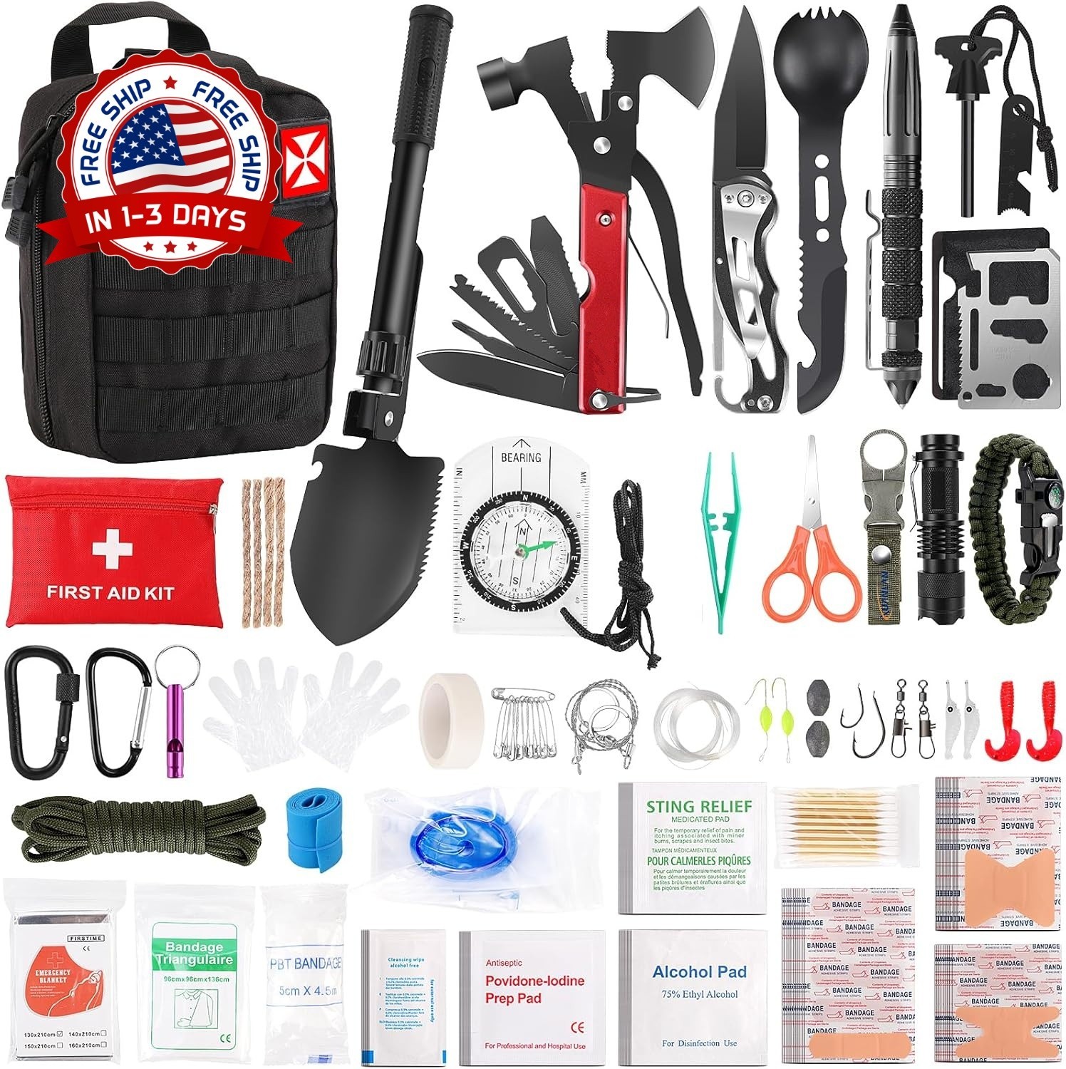 Kit de supervivencia, 248 piezas, botiquín de primeros auxilios para senderismo