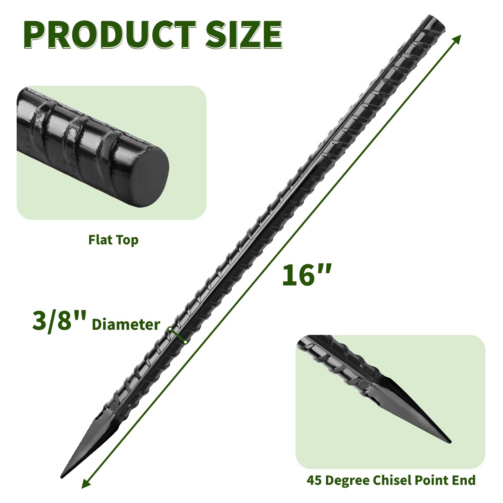 Besitu 16 inches Ground Rebar Stakes (16 pcs) I-16″x3/8″-16pcs, I Shape-Black