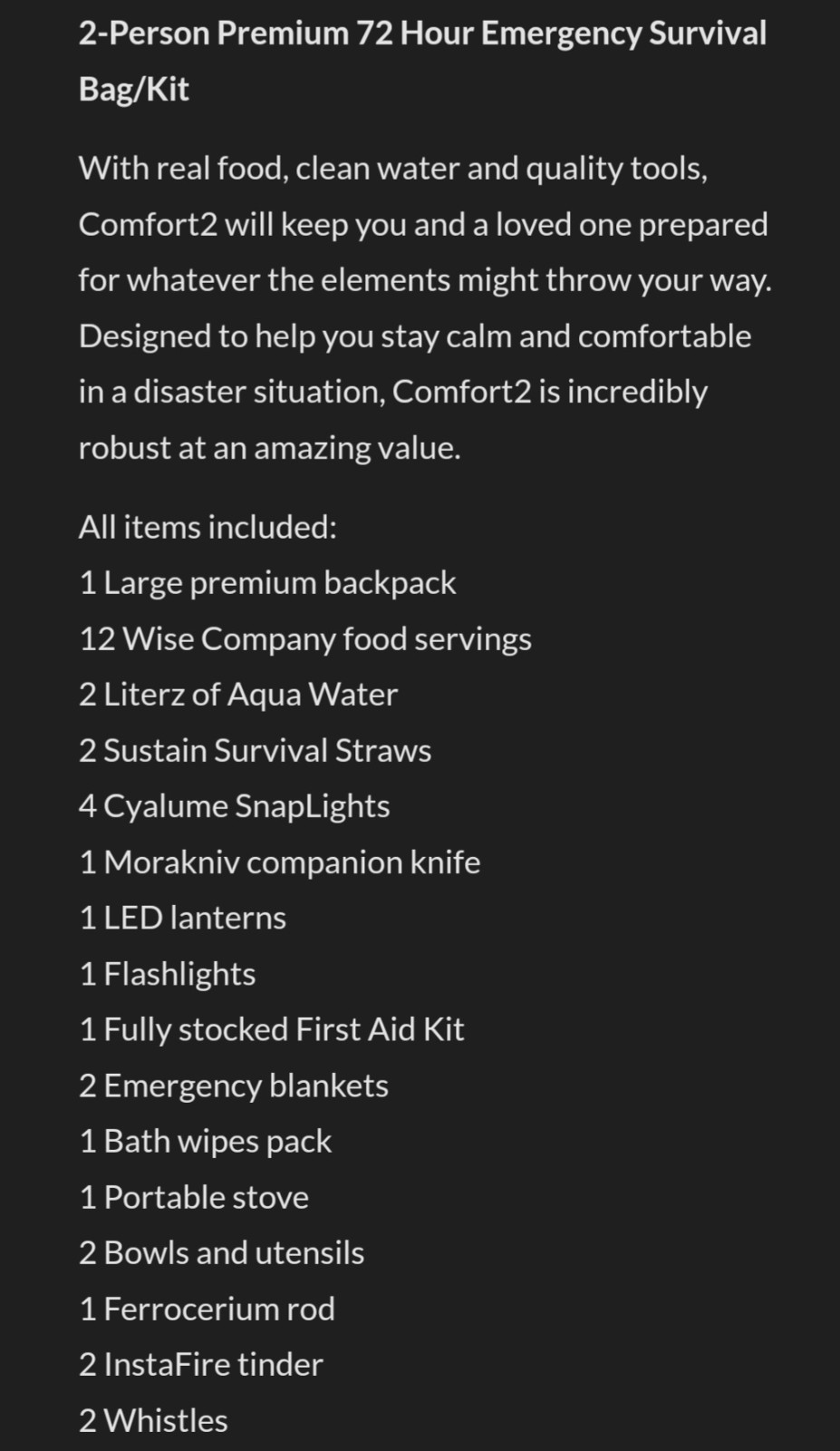 Sustain Supply Travel Survival Backpack Comfort Kit Of 2 Person