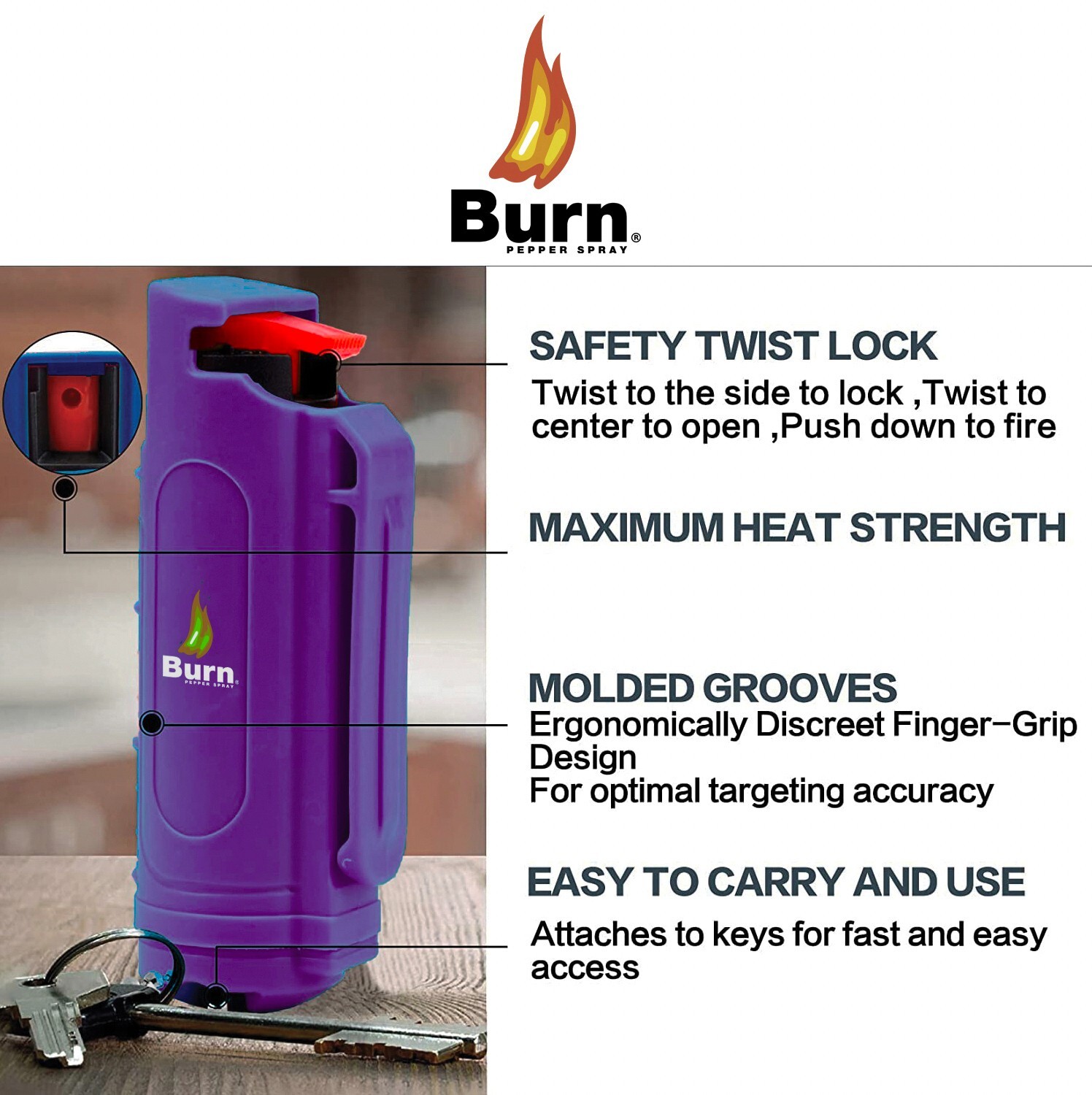 BURN Pepper Spray 1/2oz Security Self Defense Keychain Molded Purple
