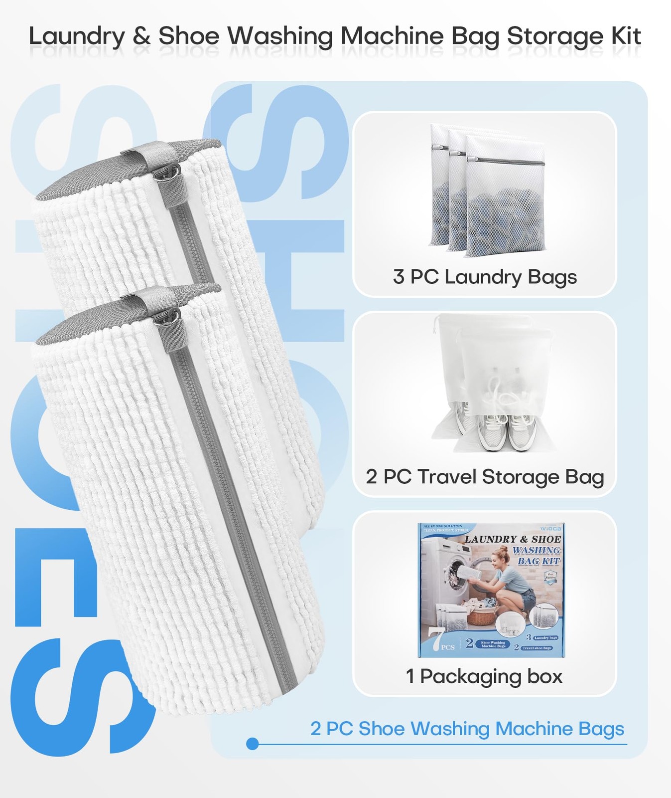3-IN-1 Laundry & Shoe Washing Machine Bag Kit Large, White 2PC + 5 Free Gifts