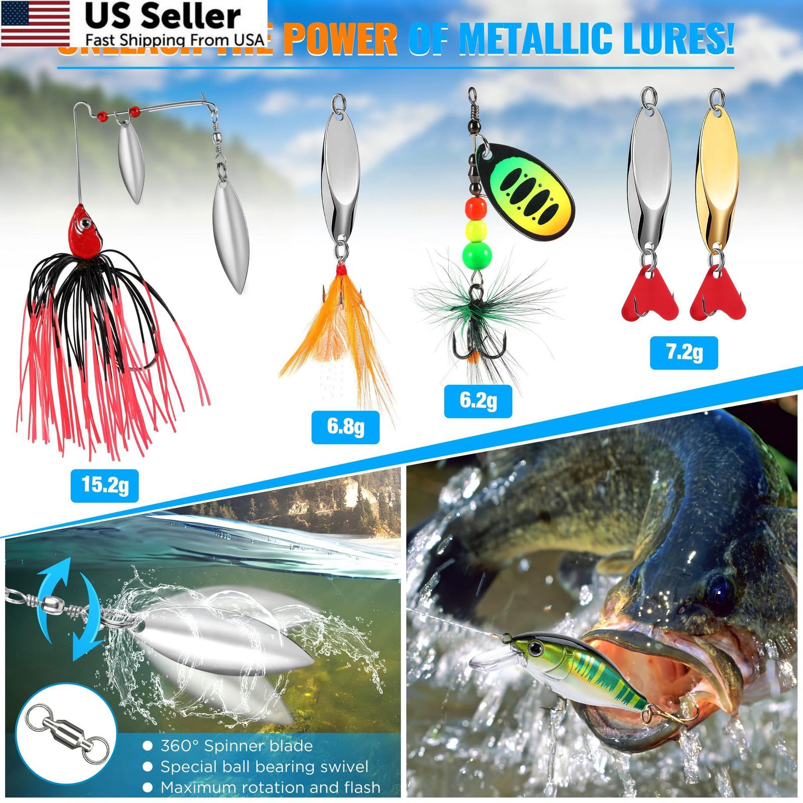 PLUSINNO Fishing Lures Tackle Box Gifts for 5, 68pcs Accessories Kit
