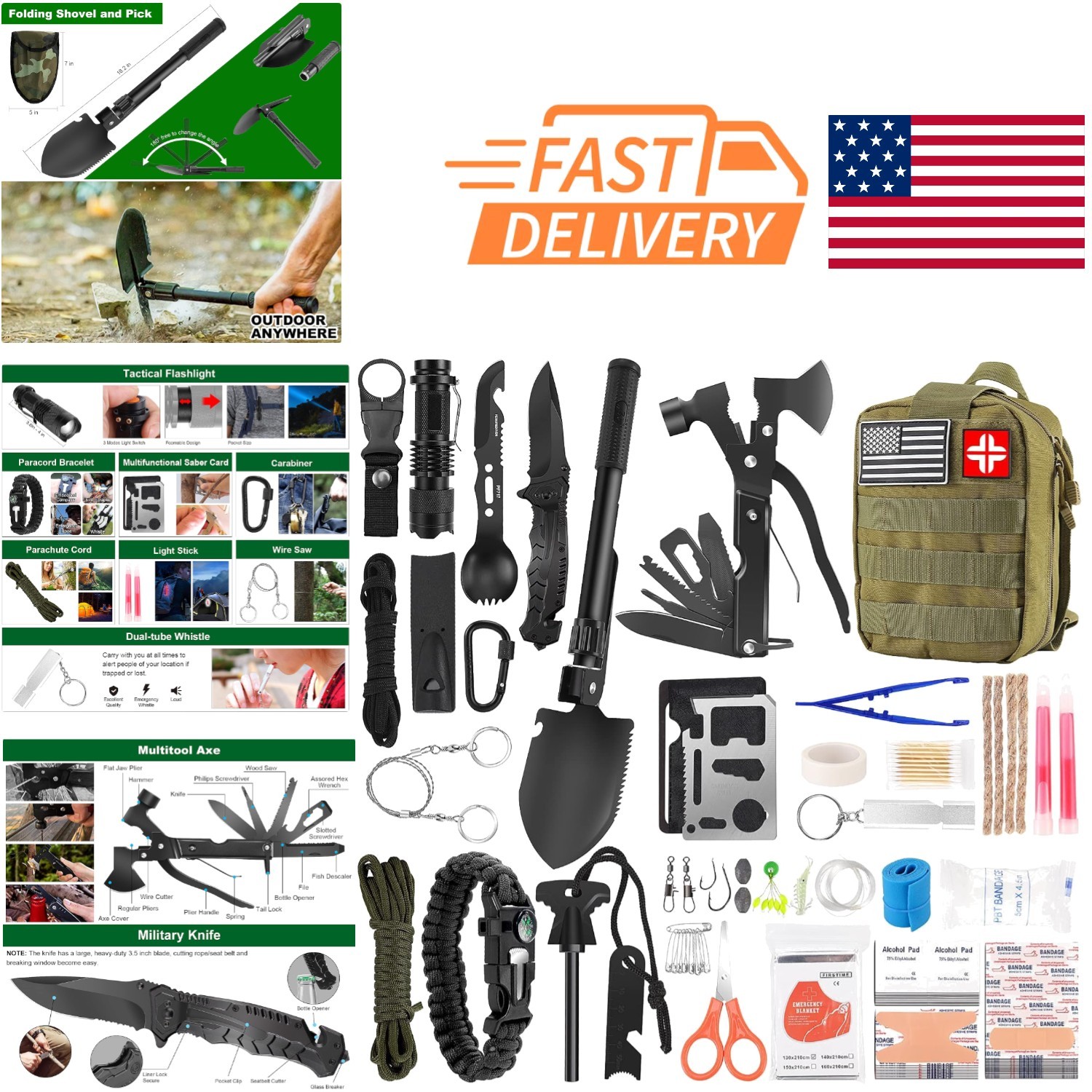 Emergency Survival Kit 142 Pieces Lightweight Molle Pouch for Camping and Hiking