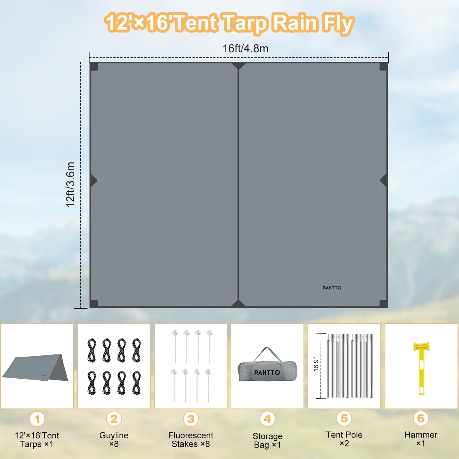 Camping Tarp with Poles, 16×12 Ft Canopy, Extra Large, Gray