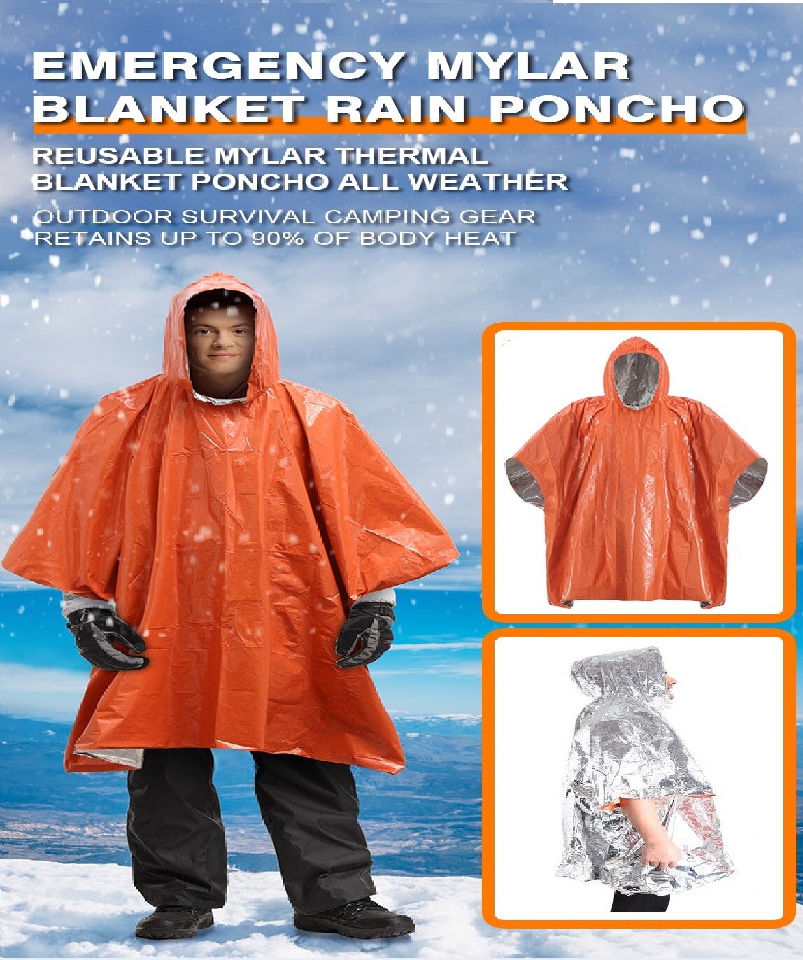 1-20 Emergency Survival Raincoat Reusable Mylar Thermal Blanket Poncho Whistle