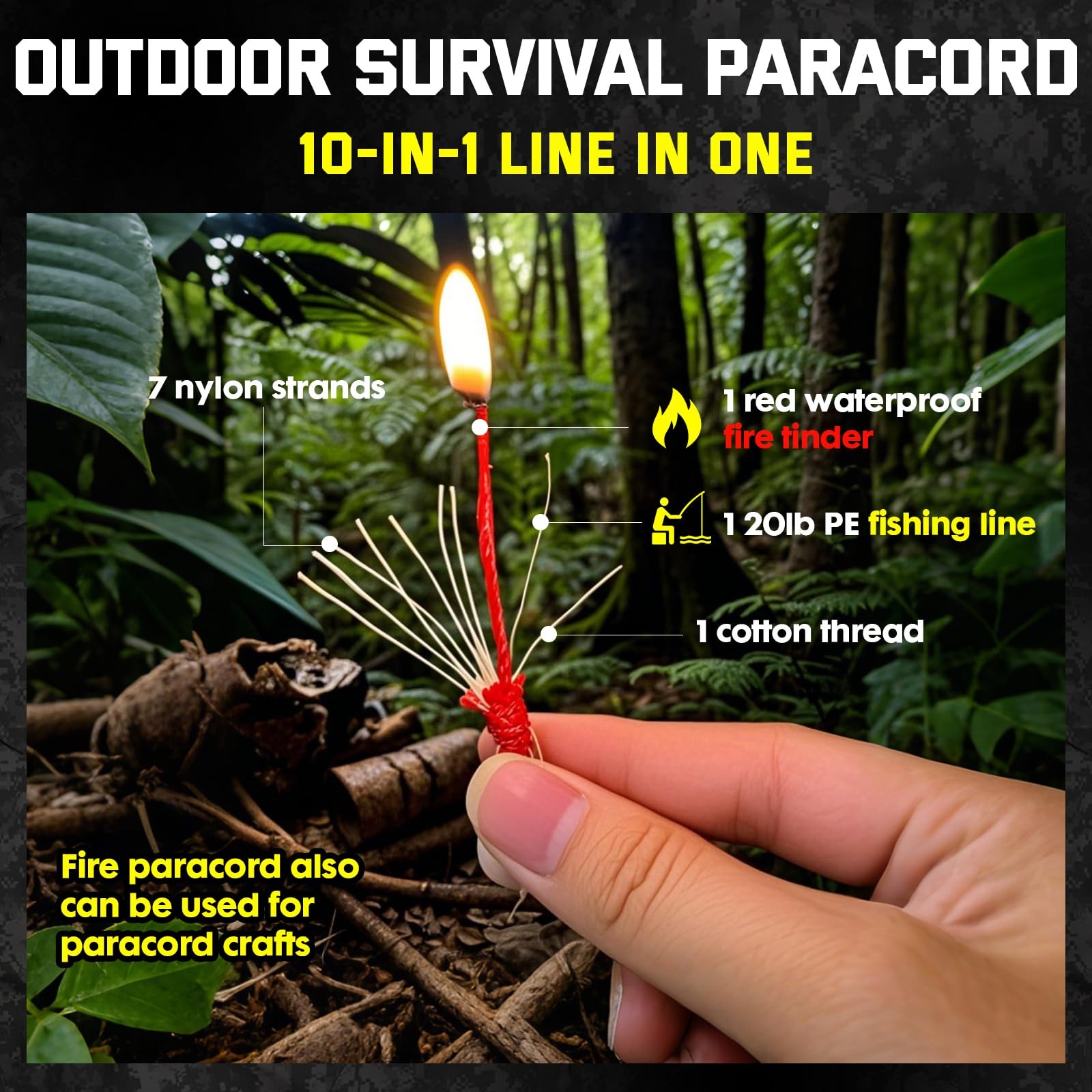 Survival Paracord 550 Fire Survivor Cord Nlyon 100FT, Army Green