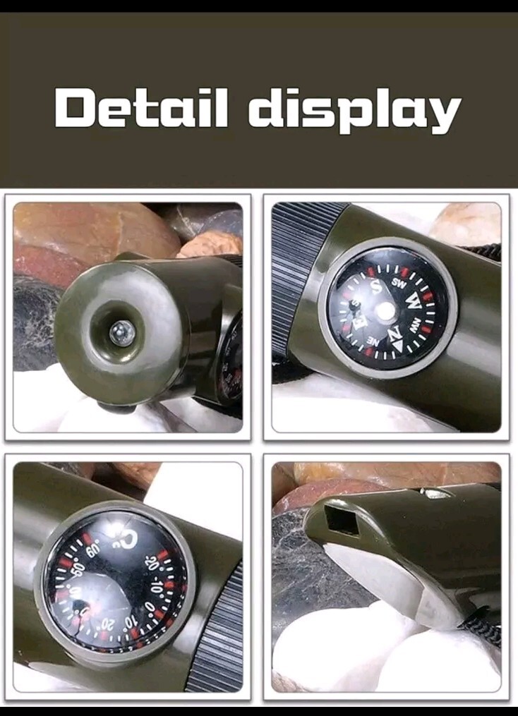 7in1 Multifunction Compass Camping Torch Thermometer Whistle Survival