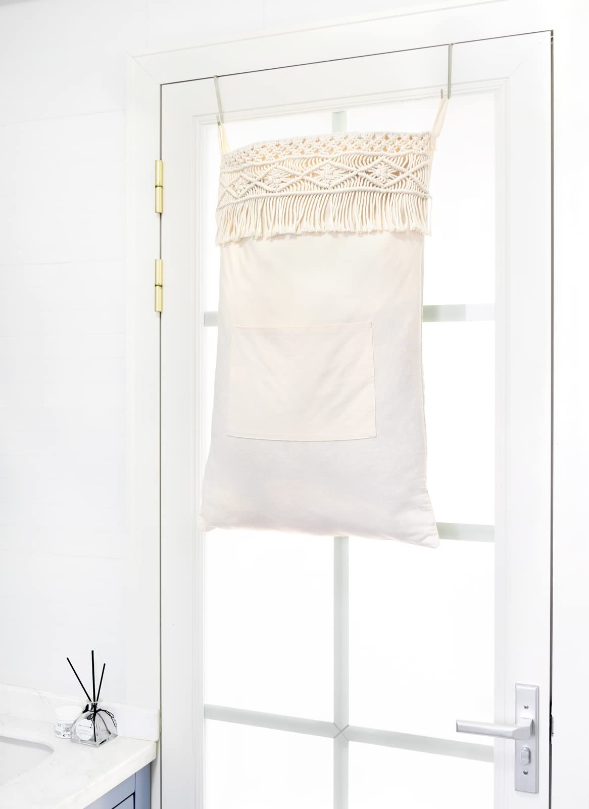 Mkono Macrame Hanging Laundry Hamper Bag Over The Door 18.5″ x 27.5″, White