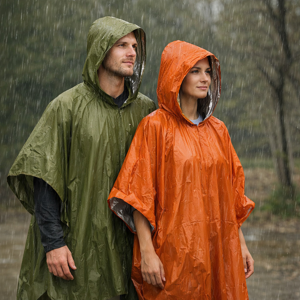 Emergency Rain Poncho Thermal Mylar Blanket Survival Gear + Whistle Orange/Gree