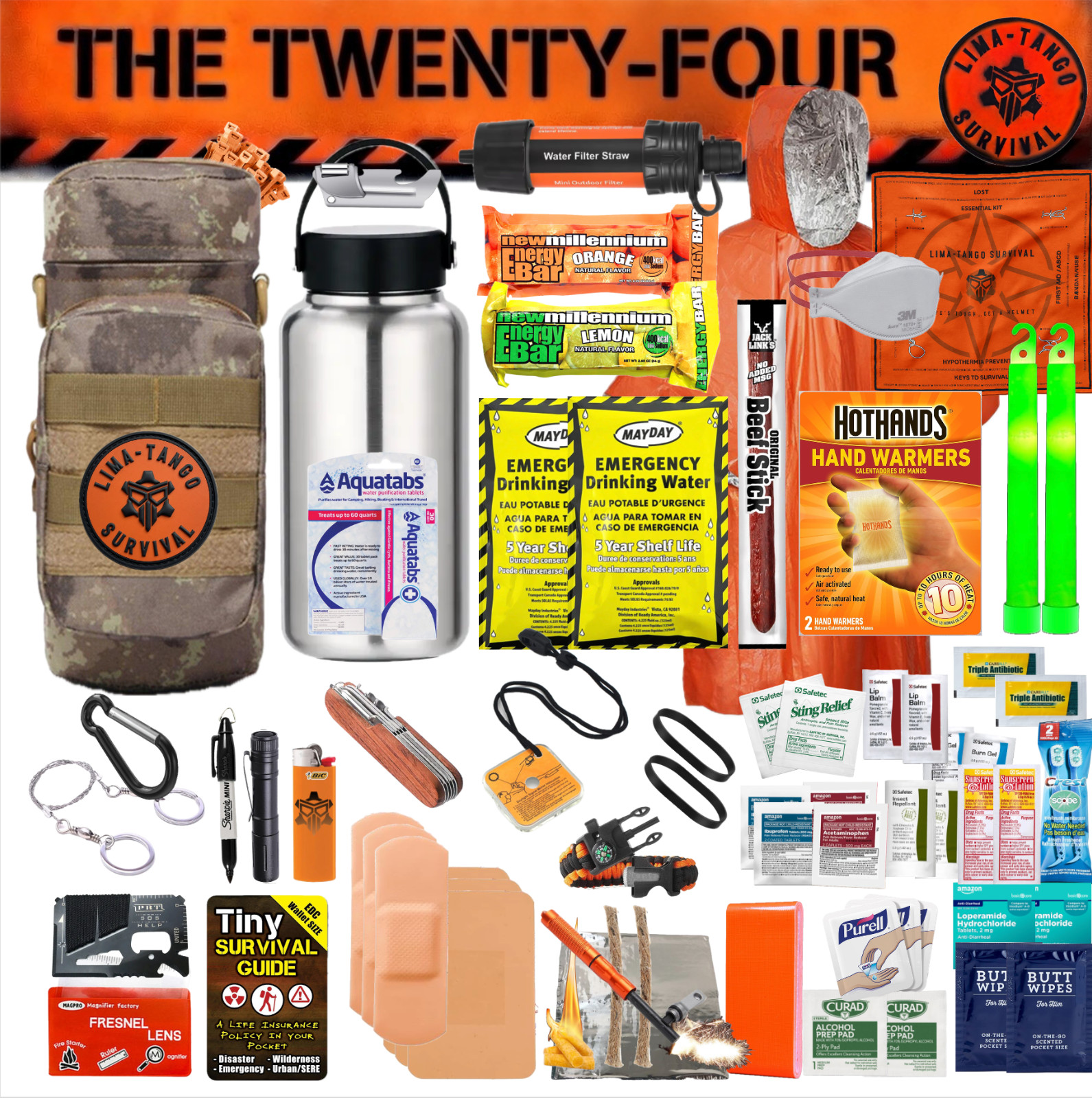 24 Hour Emergency Survival Water Bottle Molle Kit / EDC Kit / First Aid Kit