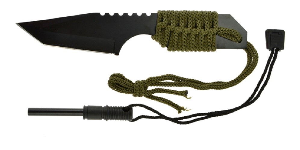 (1) 7″ Full Tang Military Style Knife 440 Steel Flint Fire Striker Survival OD