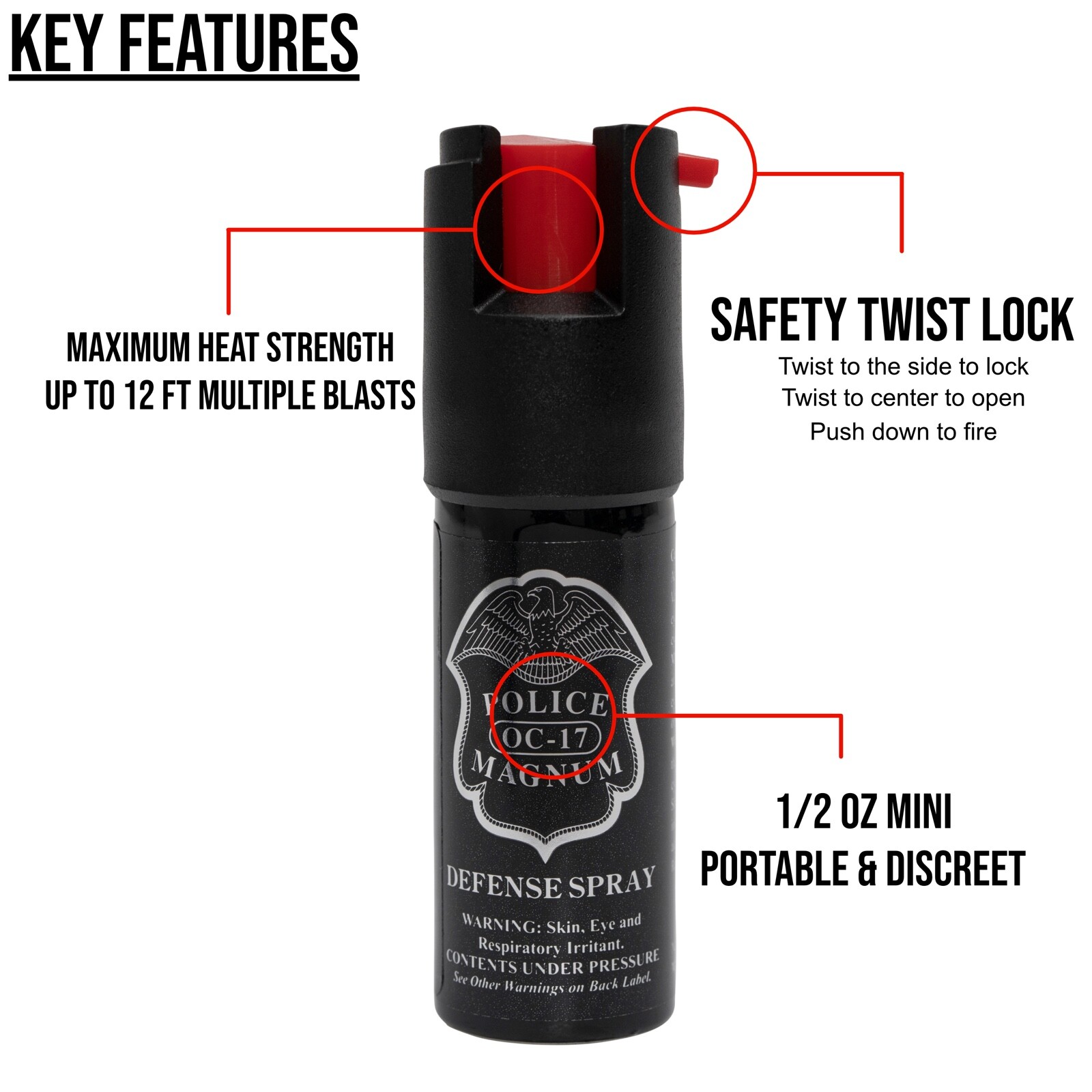 4 PACK Police Magnum pepper spray 1/2oz unit safety lock self defense security