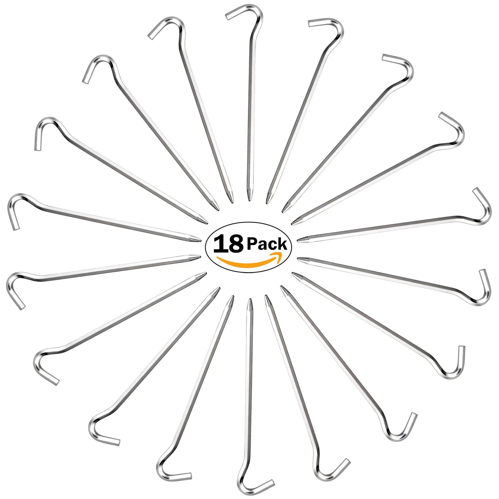 Tent Pegs – 18Pcs Aluminium Stakes with Hook – 7’’ Silver 18pcs