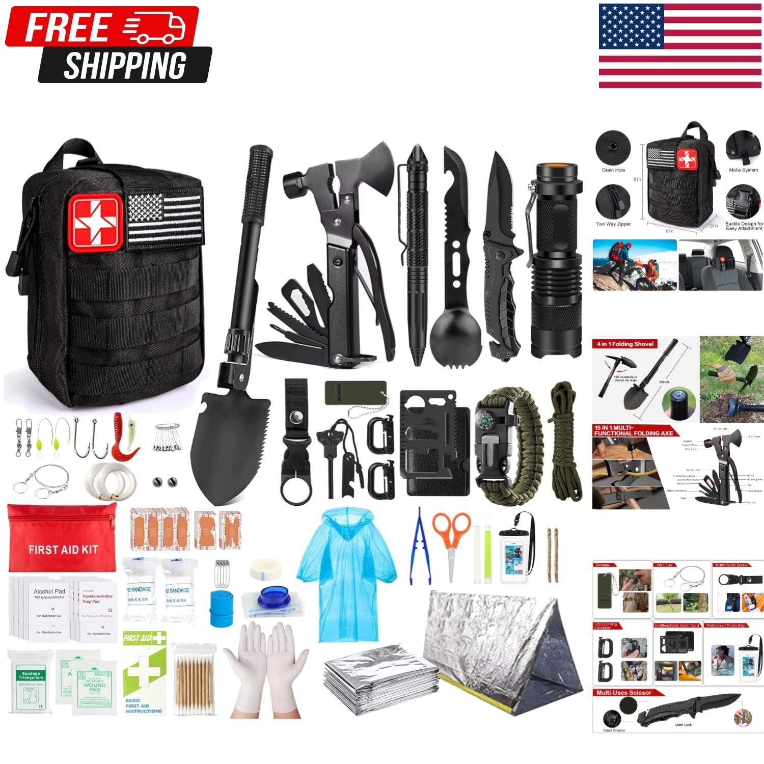 222-Piece Tactical Survival Kit with First Aid and Emergency Gear