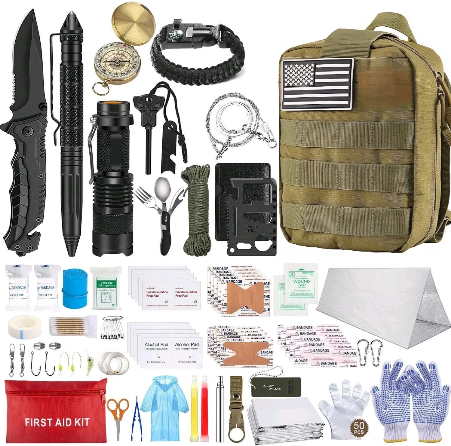 100+ PCS Survival Kit Emergency Tactical Pouch First Aid Gear Camping Tool Green