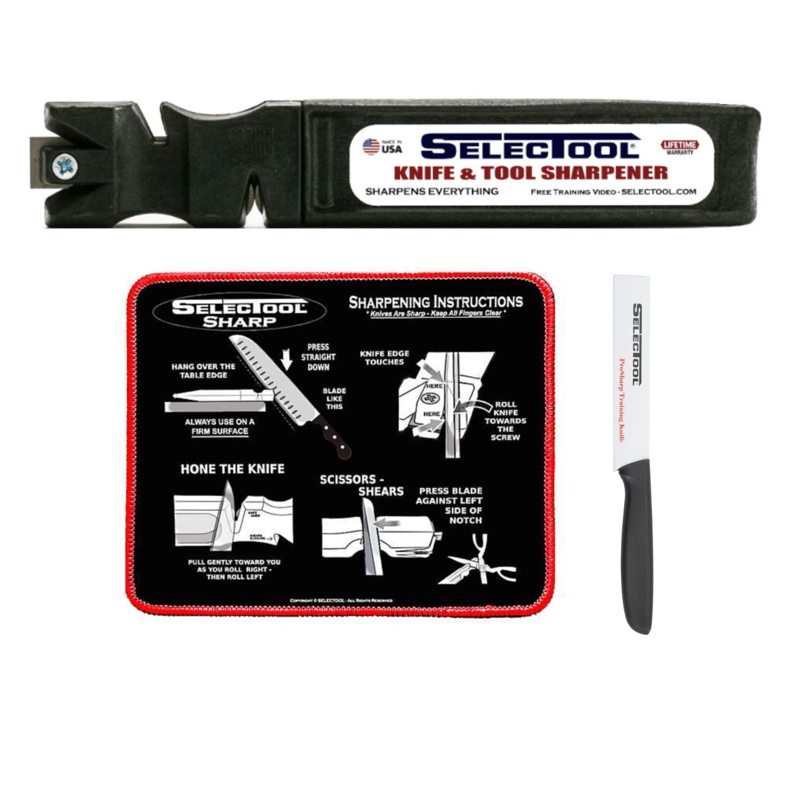4-in-1 Knife Sharpener Kit + Training Knife & Non-Slip Mat SELECTOOL