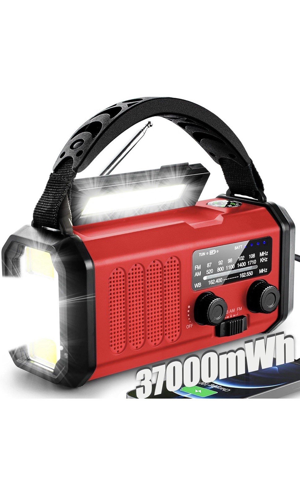 Emergency Hand Crank Solar Radio, Flashlight, LED Lamp, SOS Alarm, Red/Black