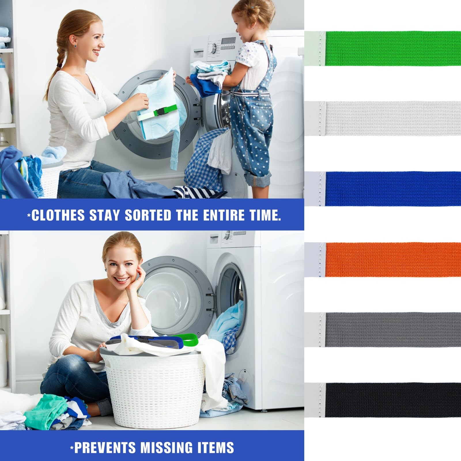 12pcs Laundry Strap with Medium, White, Gray, Black, Orange, Green, and Blue.