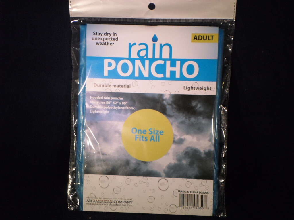 Hooded Poncho Emergency Rain Gear Blue Lightweight Adult One Size B6-8