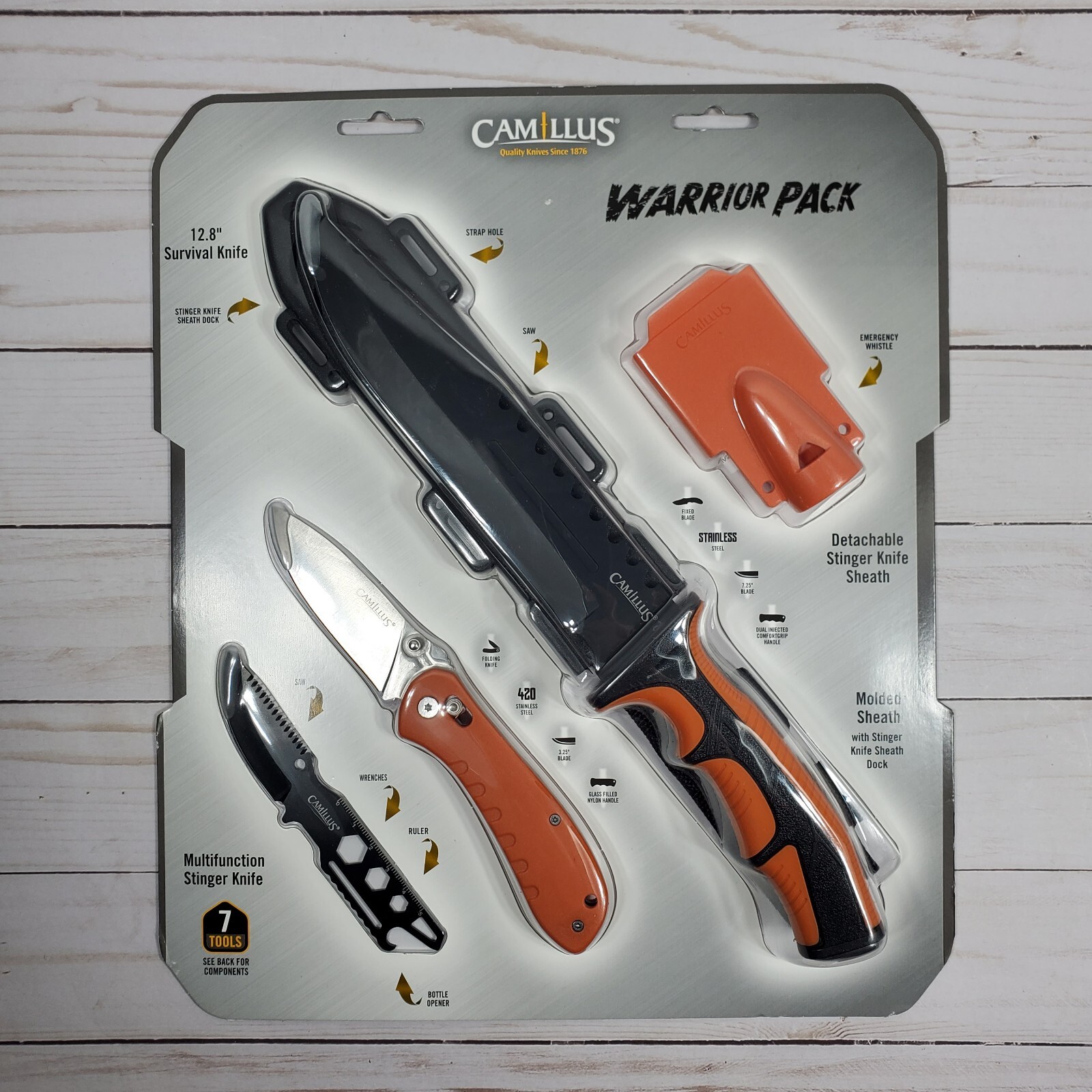 Camillus Warrior Pack 12.8″ Survival Knife, Stinger Folding Hi-Vis Hunt Camp